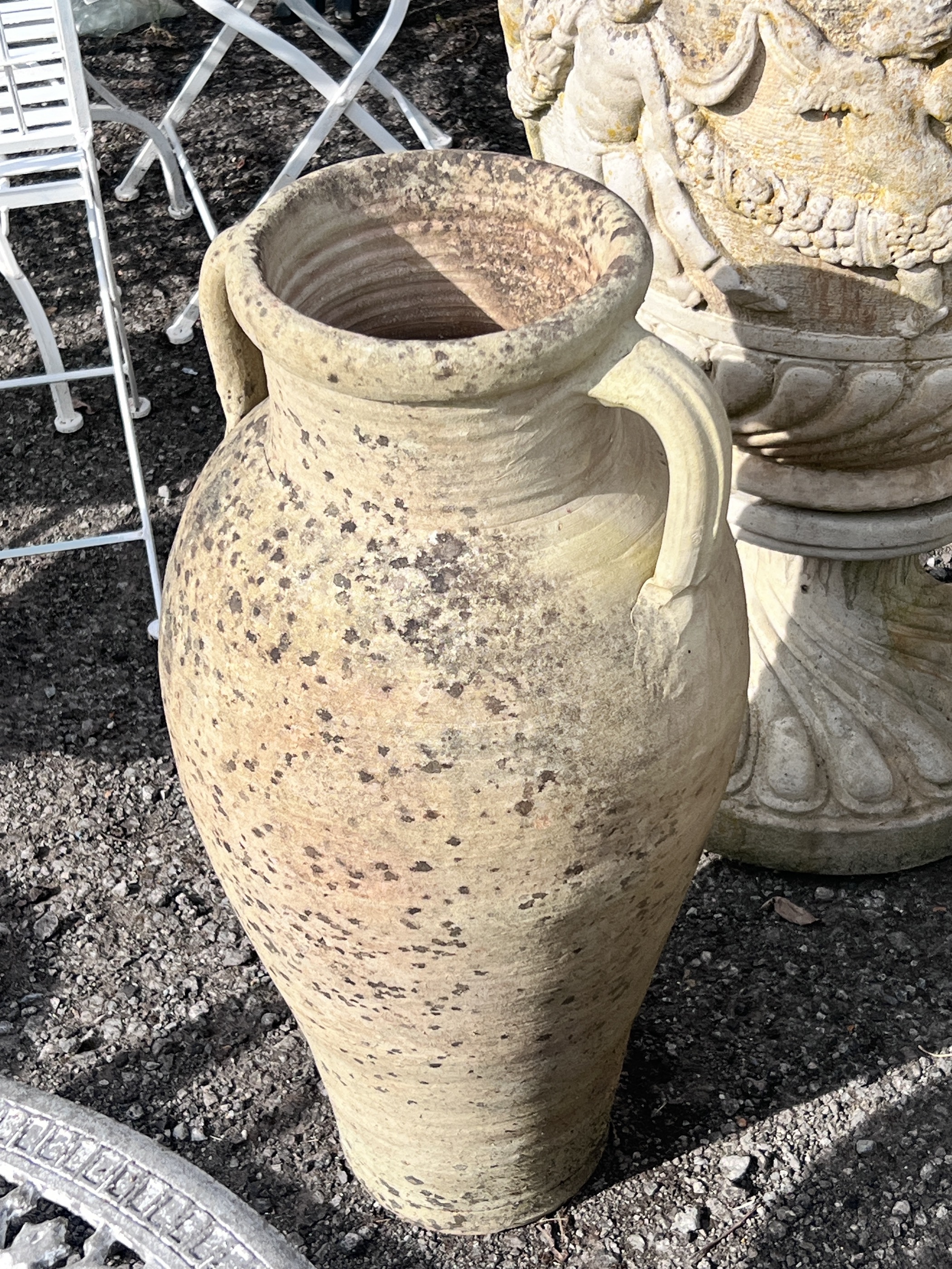 A near pair of earthenware amphora garden ornaments, tallest 80cm